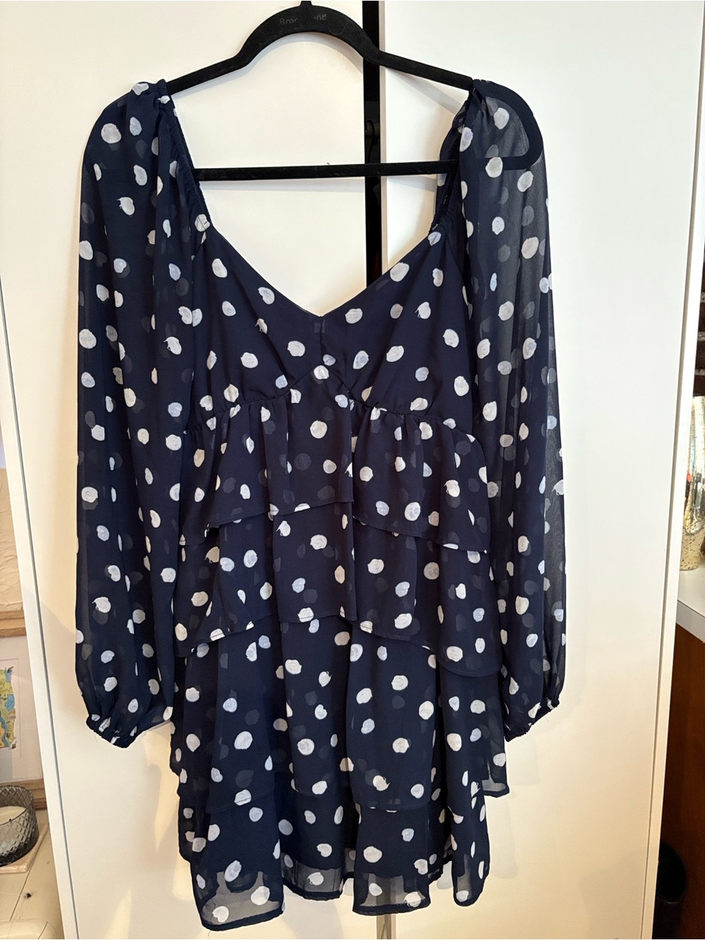 Abercrombie & Fitch Navy Long-Sleeve Polka Dot Tiered Dress
